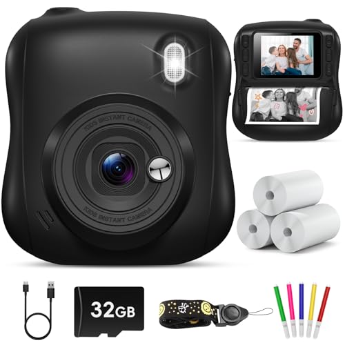 Hangrui Kinderkamera Sofortbildkamera, 14MP Sofortbildkamera Kinder mit 32G Karte & Druckpapier, 1080P Kamera Kinder Sofortdruck mit Farbige Stifte, Geschenk für 3-12 Jungen und Mädchen-Schwarz