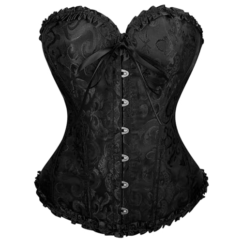 VONMELLI Korsett Damen Spitze Up Boned Overbust Vollbrust Corset Bustier Gothic Corsage Dessous Top Schwarz XS