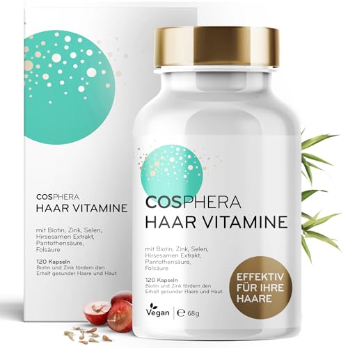 Cosphera Haar-Vitamine - Hochdosiert mit Biotin, Selen und Zink als Beitrag zum Erhalt normaler Haare. Plus Folsäure & Hirse Samen Extrakt (reich an Silizium) - 120 vegane Kapseln im 2 Monatsvorrat.