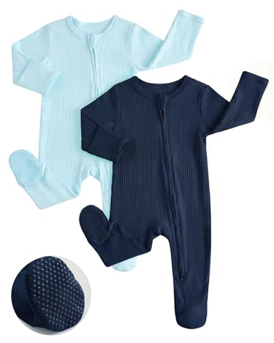 JiAmy Baumwolle Baby Schlafanzug 2er-Pack, Langarm Neugeborene Baby Jungen Mädchen Strampler Babykleidung Bekleidung Marineblau 0-3 Monate