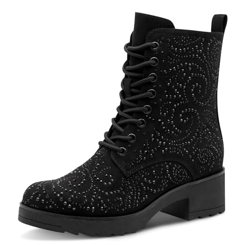 MARCO TOZZI Damen Stiefeletten zum Schnüren mit Blockabsatz Glitzerdetails, Schwarz (Black), 39 EU