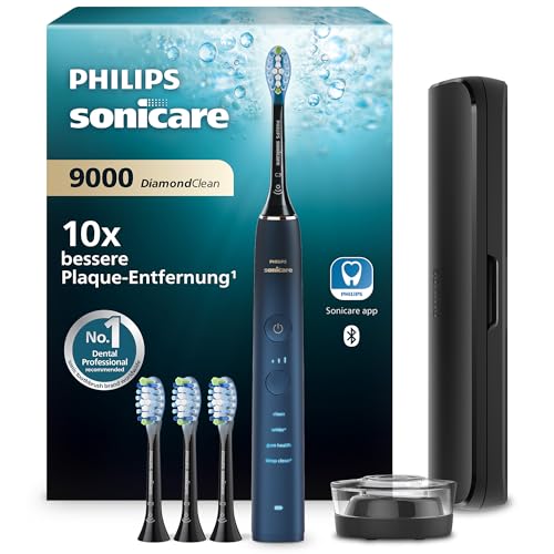 Philips Sonicare DiamondClean elektrische Zahnbürste der 9000er Serie – Schallzahnbürste, sauberere Zähne und Mundpflege mit 4x C3 Premium Plaque Defense-Bürstenköpfen, Aquamarine (Modell HX9911/89)