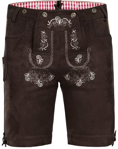 AMZHOTER Lederhose Herren Tracht Oktoberfest Trachtenhose Trachtenlederhosen Kurz Lederhosen Mann Braun bayrische Trachten Hose Trachtenmode mit Hosenträger Dunkelbraun 50