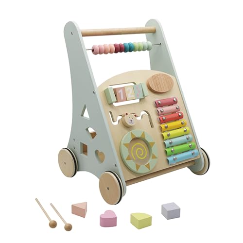 Lauflernwagen aus Holz für Babys, Lernspielzeug, fördert motorische Fähigkeiten, Lauflerner ~Activity Walker ~ Baby Walker aus Holz mit Xylophon und Holzsteckspiel (Pastellgrün/Natur)