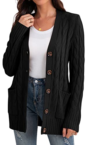 GRECERELLE Damen Strickjacke Strick Cardigan Lange Elegant Strickjacken mit Taschen mit Knöpfen Strickwaren Übergroße Pullover Strickmantel für Herbst Winter Frühling (02 Schwarz, L