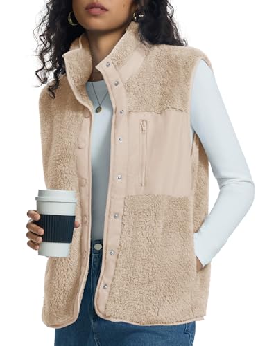 Kistore Herbstjacken Damen Ärmellos Weste Damen Hohe Qualität Herbstjacken Lang Weste mit Eingrifftaschen Reißverschluss(Apricot,S)