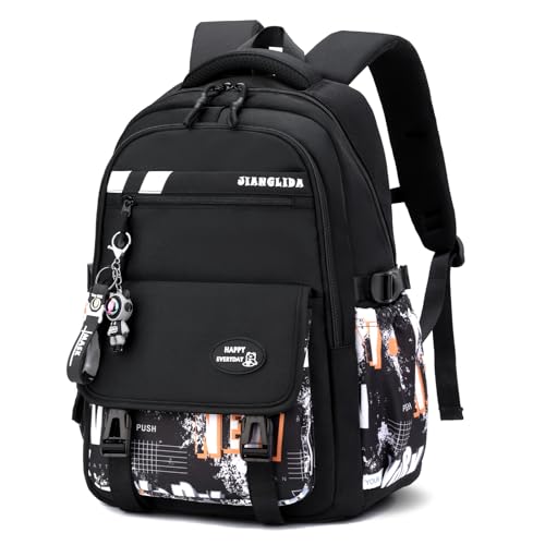 Tanou Schulrucksack Jungen Teenager, Graffiti Druck Schultasche für Jungs 10-18 Jahre, Groß Rucksack Schule Gymnasium Oberstufe Wasserabweisend Lässiger Schulranzen, Schwarz