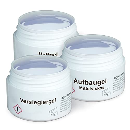 GS-Nails UV-Set - 3X 15ml Nagel-Gel für Nail-Art & Design - Haft, Mittelviskoses Aufbau, Versiegelungs-Gel - 45ml
