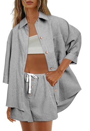 NANYUAYA Zweiteiler Damen Sommer Musselin Set 2-Teiler Lounge Sets Bluse und Shorts Kariertes Freizeit Anzug Strand Outfits Lässiger Freizeitanzug Elegant Oberteile Kleidung Hausanzug Y2k Clothes