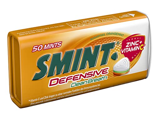 Smint Defensive Clean Breath, Metall-Dose enthält 50 Pastillen mit Orangen-Minz Geschmack, zuckerfreie Dragees mit Zink & Vitamin C (1 x 50 Stück)