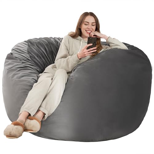 Kasunpul Sitzsack Stuhl Sitzsack Stühle für Erwachsene Riesen Sitzsäcke mit Samtbezug Bean Bag Flauschige Sitzsäcke für Wohnzimmer, Schlafzimmer, Grau, 90 x 90 x 49cm