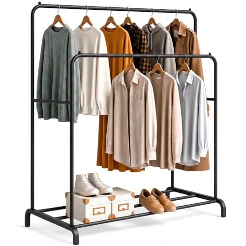 edihome, Kleiderständer, Kleiderstange, Doppelt, 110 x 150 x 54 cm, Schuhregal, Metallisch, Stabil, Clothes Rack, Klamotten Ständer, Clothes Organizer (Schwarz)