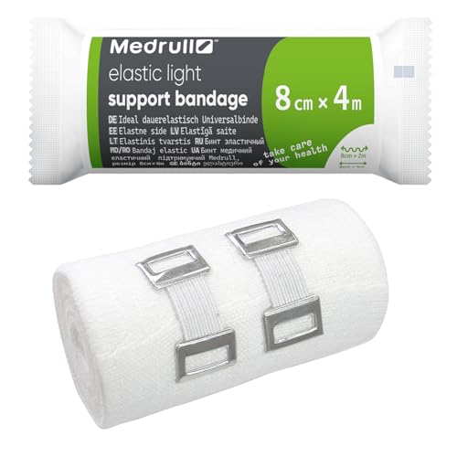 Medrull 2 Stück Dauerelastische Universal Binden 8cm x 4 m Elastic Light BANDAGE - Universalbinde mit 2 Clips - Gedehnt, Luftdurchlässig, Elastisch 2 Pcs Box