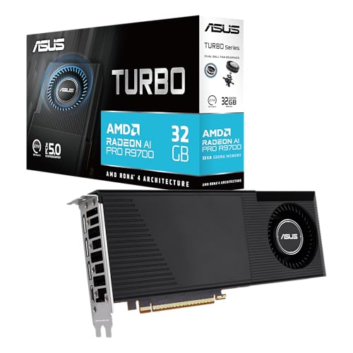 ASUS Turbo Radeon AI PRO 32GB R9700 Workstation Grafikkarte (AMD RDNA 4, 2-Slot Design, 32GB GDDR6 VRAM, KI-gesteuerte Workflows, PCIE 5.0, 1x HDMI 2.1b, 3X DisplayPort 2.1a, TURBO-AI-PRO-R9700-32G)