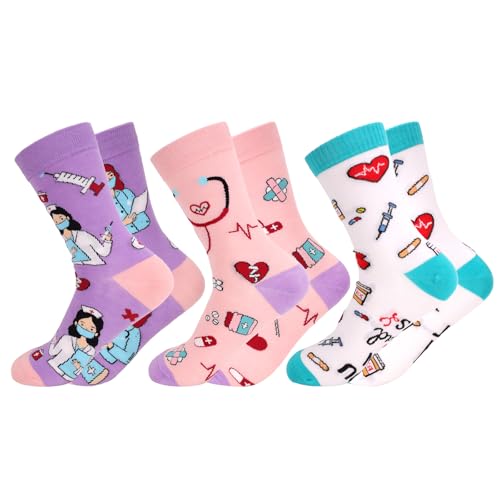 Kaempe 3 Paare Krankenschwester Socken, Lustige Nurse Geschenke, Pflegefachfrau Ausbildung Geschenk, Personalisierte Funny Socks Für Pflegekräfte, Happy Lustiges Geschenk Weihnachten