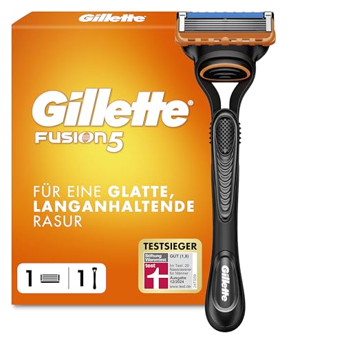 Gillette Fusion 5 Rasierer Herren, TESTSIEGER VON GILLETTE BEI STIFTUNG WARENTEST, 1 Nassrasierer und 1 Rasierklinge mit Gleitstreifen für Eine Gründliche Rasur — Schwarz