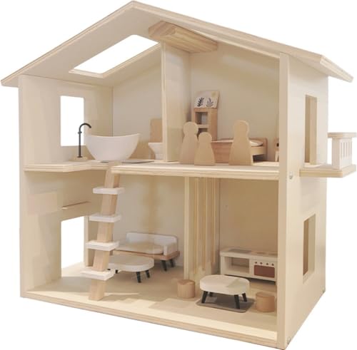 Buxibo Puppenhaus aus Holz – Kinderhaus für Puppen mit Möbeln – Spielhaus aus Holz – Barbie-Haus