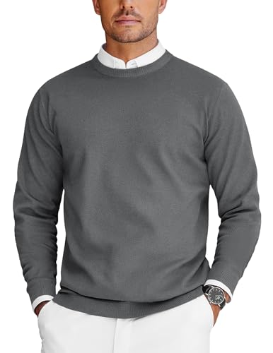 COOFANDY Strickpullover Herren Rundhals Pullover Feinstrickpullover Ribbed Basic Sweater Business Casual Pullover Dünn Pulli Dunkelgrau L