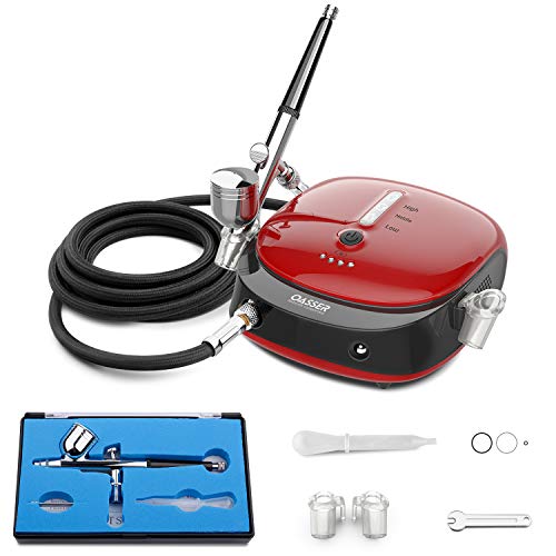 Oasser Airbrush Set Kompressor Dual Action 3 Modi wiederaufladbarer 1000mAh Akku 0,3mm Düse 7CC Tasse Airbrush Pistole für Modell Kosmetik Lackierung Rot und Schwarz