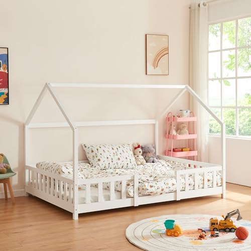 [en.casa] Kinderbett Sisimiut Hausbett Montessori 120 x 200 cm mit Rausfallschutz Holzbett für Kinder Bodenbett Lattenrost Kiefernholz Weiß matt