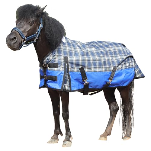 Gallopoff 600D Regendecke für Shetty & Fohlen, Wasserdicht, Winddicht, Atmungsaktiv, Reißfest, Ohne Füllung (0 g) Ponydecke Blau kariert 85 cm