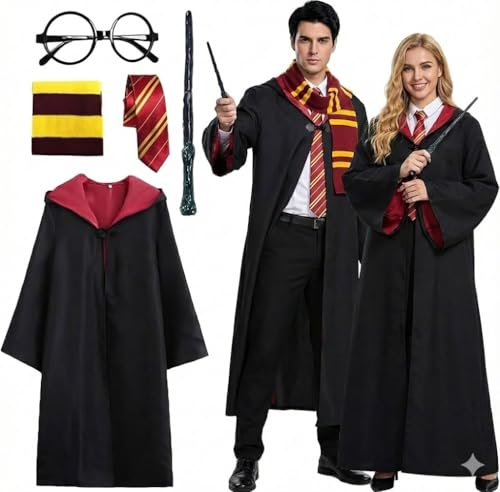 TAOYIO Magier Robe Kostüm Damen Umhang, Zauberer Halloween Kostüm Erwachsene, Unisex Uniform 5-teiliges Set,Rot-L
