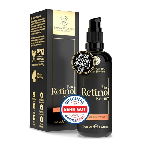 BIO Retinol Serum hochdosiert 100ml • Retinol 5-Fach-Komplex +Hyaluron +Vitamin C ✓ Vegan & BIO ✓ hochwirksam verkapseltes Retinol für strahlende & reine Haut ohne Pickel ✓ Anti Aging Made in Germany