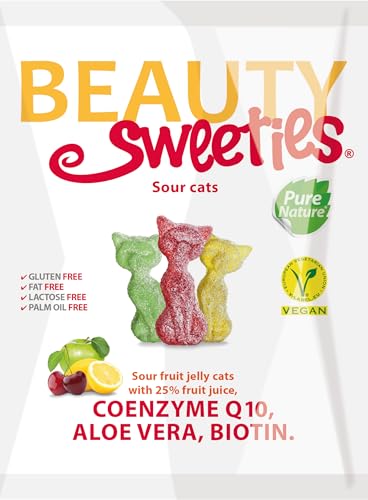 BeautySweeties Saure Katzen 125 g | Fruchtig-saure & vegane Fruchtgummi-Katzen mit 25% Fruchtsaft | Mit Coenzym Q1, Aloe Vera und Biotin | 1 x 125 g Beutel