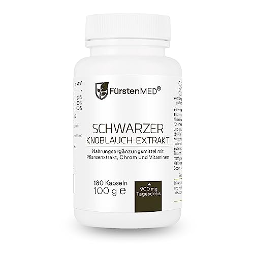 FürstenMED® 900mg Schwarzer Knoblauch Kapseln als 10:1 Extrakt = 9.000mg Reiner Schwarzer Knoblauch (Geruchlos & Fermentiert) 180 Kapseln - Black Garlic Vegan mit Chrom, Vitamin C & B1