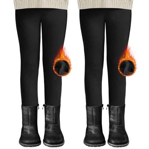 DDOBB 2er Pack Thermo Leggings Mädchen Gefütterte Winter Leggins Mit Fleece Kinder High Waist Thermounterwäsche Dicke Warm Lange Hose für Alltag(Schwarz*2, M=(122-134))