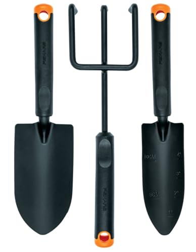 Fiskars Gartenwerkzeuge-Set, 3-teilig, Blumenrechen, Blumenkelle, Pflanzkelle, Rostfreier Stahlkopf/Kunststoff-Griff, Schwarz/Orange, Ergo, 1027681
