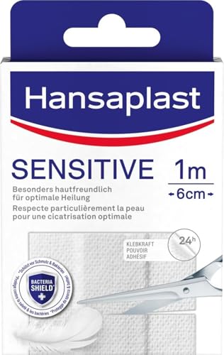 Hansaplast Sensitive Pflaster (1 m x 6 cm), zuschneidbare und hautfreundliche Wundpflaster mit Bacteria Shield & sicherer Klebkraft, schmerzlos zu entfernende Pflaster