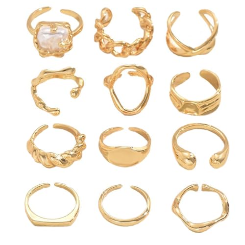 LIUYIDM 12 Stück Offene Verstellbarer Ring Boho Freundschaftsringe Stapelbare Mode Vintage Knuckle Ring Modeschmuck Gold Ringe Damen, Geeignet für Frauen und Mädchen, Geburtstagsgeschenke