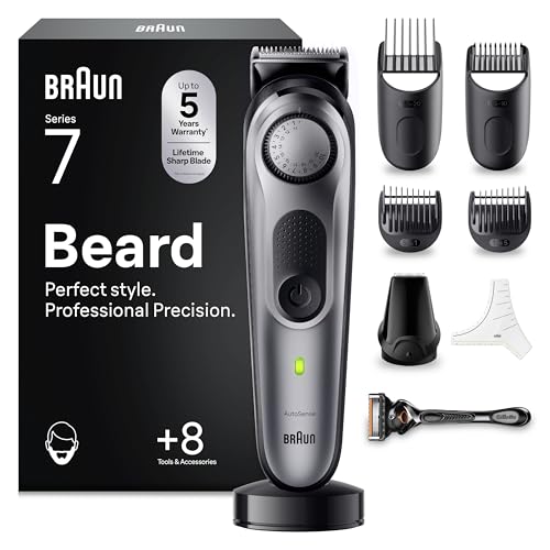Braun Barttrimmer Series 7, Kabelloser Bartschneider Herren, BT7420, Grau - Bart Rasierer mit 40 Längen, Trimmer mit 100 Min. Akku, Wasserdicht, 8 Extras, Gillette Rasierer und Ultrascharfe Klingen