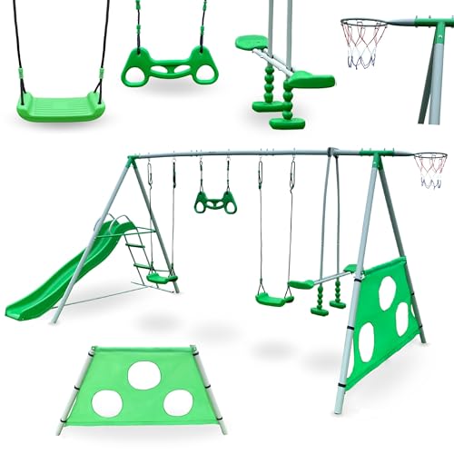 HyperMotion Kinderschaukel Outdoor Spielplatz-Set mit Rutsche, Schaukel, Basketballkorb & Fußballwand - Garten-Spielturm für 6 Kinder ab 3 Jahren, Grün