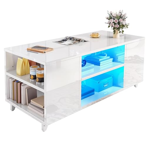 YITAHOME Couchtisch Weiß Hochglanz, Modern Wohnzimmertisch mit 16-Farbiger LED Beleuchtung Sofa Beistelltisch mit Verstellbarem Regal, 97,5 x 48 x 45 cm
