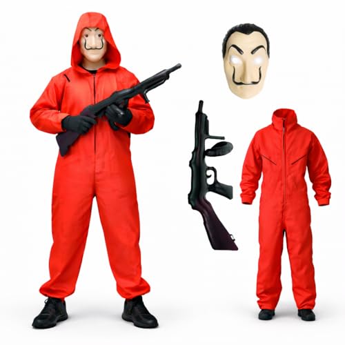 TK Gruppe Timo Klingler 3 in 1 Unisex Kostüm Set - Haus des Geldes für Erwachsene Unisex mit Dali Salvador Maske, Gewehr, Anzug für Fasching & Halloween (XL-XXL / 180-200 cm)
