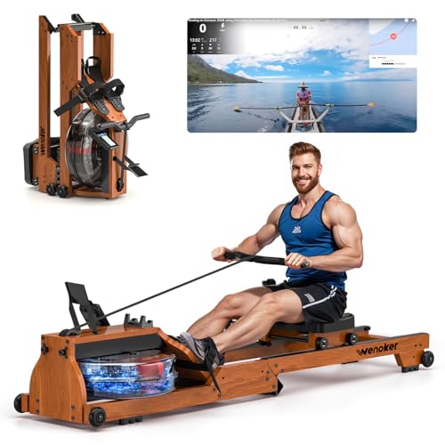 [2026 Testversion] Wenoker Wasser Rudergerät für zuhause Holz Klappbar, Komfortabler Sitz, Bluetooth Display, Doppel-Slide-Rails, Max 150kg Belastbar