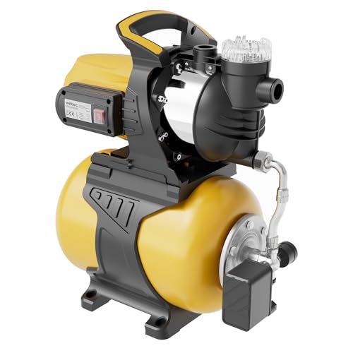 Wiltec Hauswasserwerk mit 24-L-Membrankessel, 5000 l/h Hauswasserautomat mit Druckschalter und Vorfilter, Gartenpumpe mit 50 m Förderhöhe, Wasserpumpe mit 8 m Ansaugtiefe