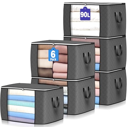 Budding Joy 6 Stück 90L Aufbewahrungstasche, Aufbewahrungsbox mit Deckel Große, Kleider Aufbewahrung Umzugskartons, Faltbare Unterbett Kleiderschrank für Kleidung Bettdecken und Bettwäsche, Grau