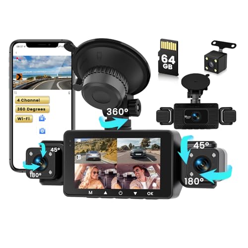 Inefala WiFi Dashcam Auto 4 Kanal, 360 Grad Dashcam FHD Vorne Hinten Innen Links und Rechts –Loop-Aufnahme, G-Sensor, Nachtsicht, Parküberwachung, Backup-Assistent mit 64GB SD Karte