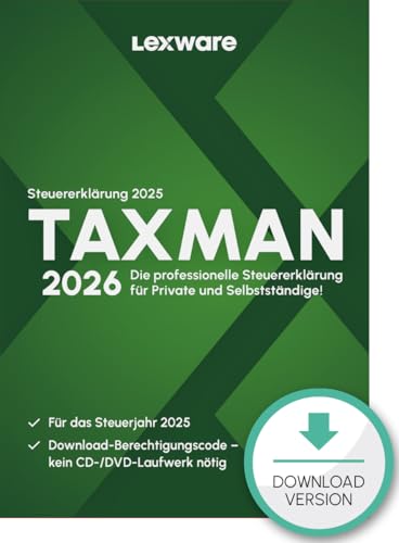 TAXMAN 2026 (für Steuerjahr 2025)| Download |Steuererklärungs-Software für Arbeitnehmer, Rentner u. Pensionäre, Familien, Studenten und im Ausland Beschäftigte | PC Aktivierungscode per Email