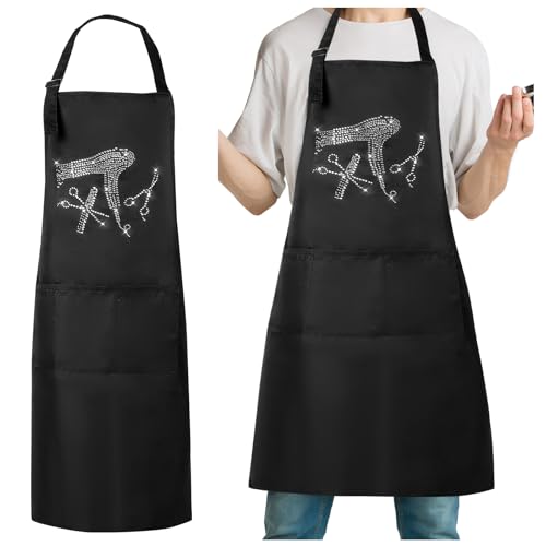 JIEYAO Friseur Schürze,Barbier Schürze mit 2 Taschen Stylistenschürze mit Strassmuster Verstellbar Friseurschürze Salonschürze Neckholder Schürze für Haare Schneiden