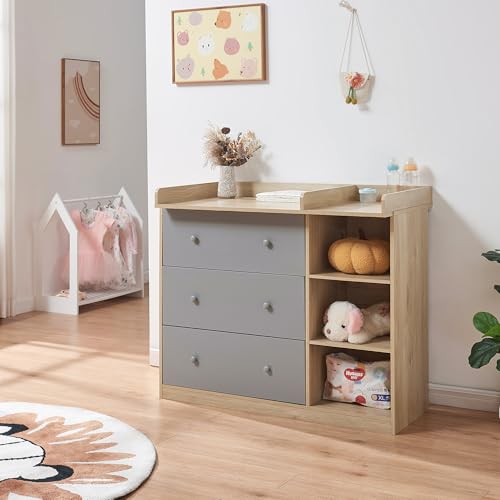 [en.casa] Wickelkommode Beldinupp Wickeltisch mit 3 Schubladen und 3 Regalfächern 93 x 110 x 55 cm Kommode mit Abnehmbarer Wickelauflage Eicheoptik/Grau