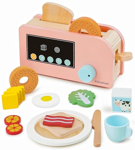 Pillowhale Holz-Toaster Spielset – 17-teiliges Pop-Up Frühstückszubehör mit Hebelfunktion, Kinderküche Rollenspiel-Set für Jungen & Mädchen ab 3 Jahren