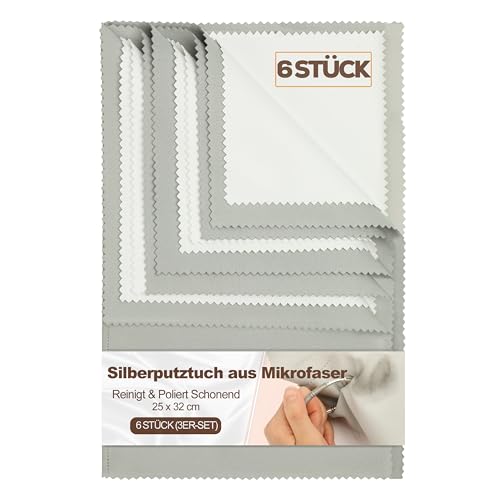 Bonison 6 Stück Silberputztuch für Schmuck - 25 x 32cm Silber Poliertuch Mikrofaser für Silberschmuck, Besteck & Münzen zur Pflege und Reinigung von Echtsilber (3er-Set)