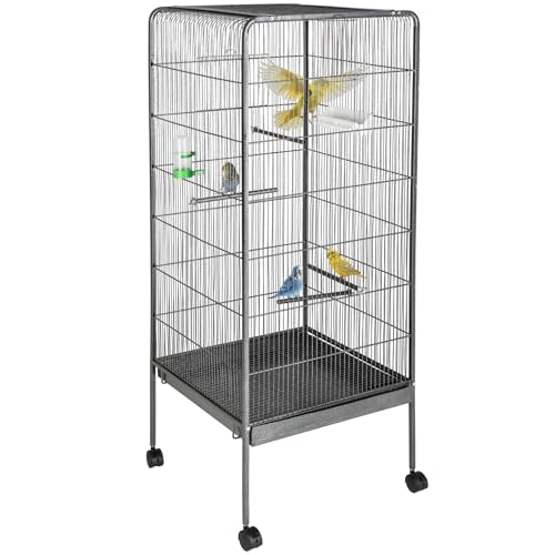 tectake® Vogelkäfig groß, Papageienkäfig mit Sandschublade, Voliere auf Rollen, Birdcage mit 4 Sitzstangen, Vogelvoliere mit Rollen, 54 x 54 x 146 cm, Nymphensittich Käfig, Vogelkäfig Wellensittich