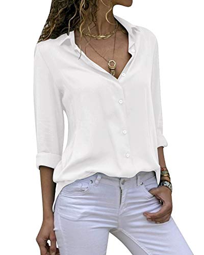 Cassiecy Damen Bluse Chiffon Elegant V-Ausschnitt Langarm Casual Oberteile Hemd Lose Langarmshirt Tops (M, Weiß)
