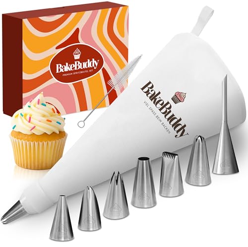 BakeBuddy Premium Spritzbeutel Set (11-teilig) - 35cm Baumwolle Spritzbeutel mit Tüllen aus Edelstahl zum Dekorieren von Torten, wiederverwendbar und spülmaschinenfest, inkl. Adapter & Geschenkbox