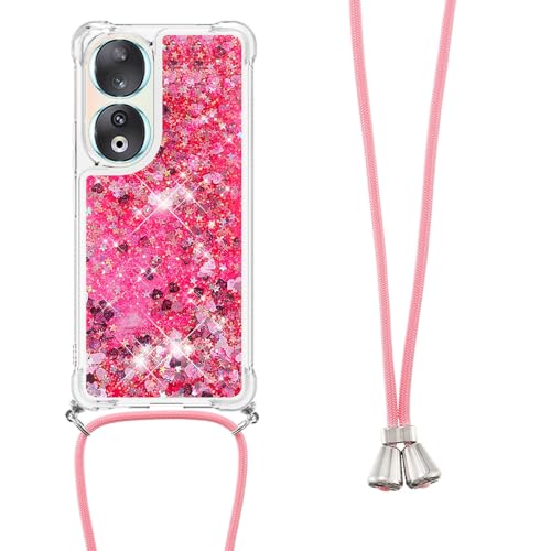 COTDINFOR Handykette H¨¹lle Kompatibel mit Honor 90 Flie?Ende FL¨¹ssigkeit schwimmt Glitzer Cover mit Kordel Clear STO?fest TPU Bumper Schutzh¨¹lle Handyh¨¹llen f¨¹r Honor 90 Love Pink YBWTYS.
